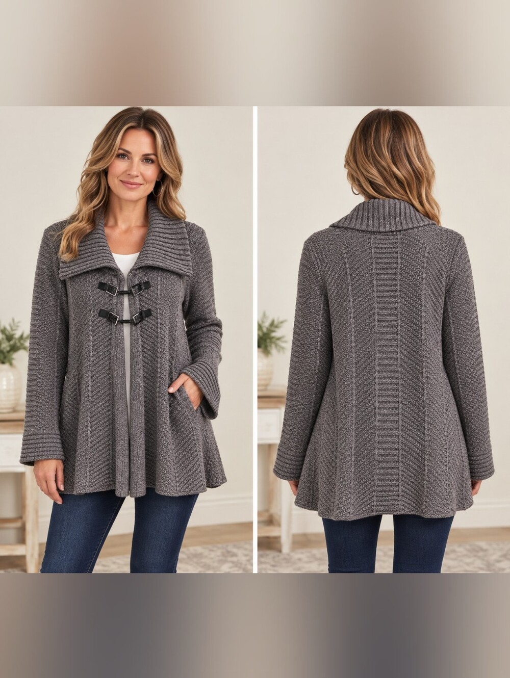 JM Collection Cozy Gray Knit Toggle Cardigan Sweater